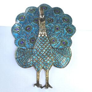 Blue Enamel Peacock Brooch: Painted Feather Design with Hinged Tail